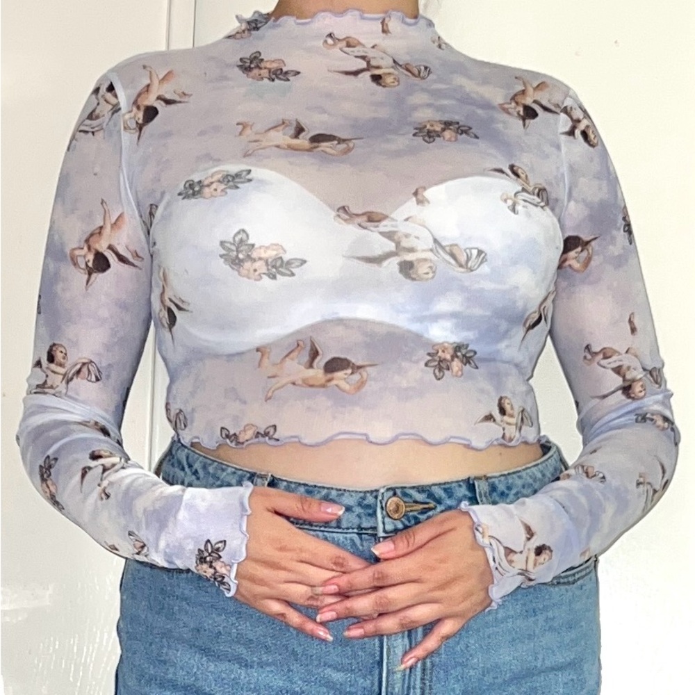 Forever 21 Sky Blue Cherub Mesh Long Sleeve Crop Top
